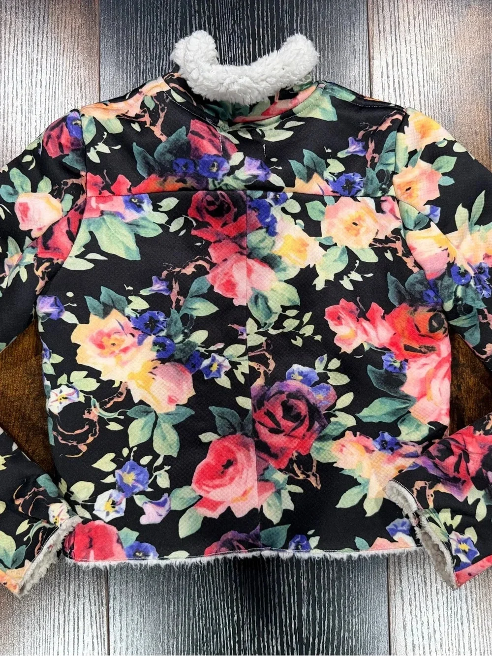 Kidpik Girls S 7/8 Floral Moto Jacket Sherpa Collar Black Y2K Whimsical